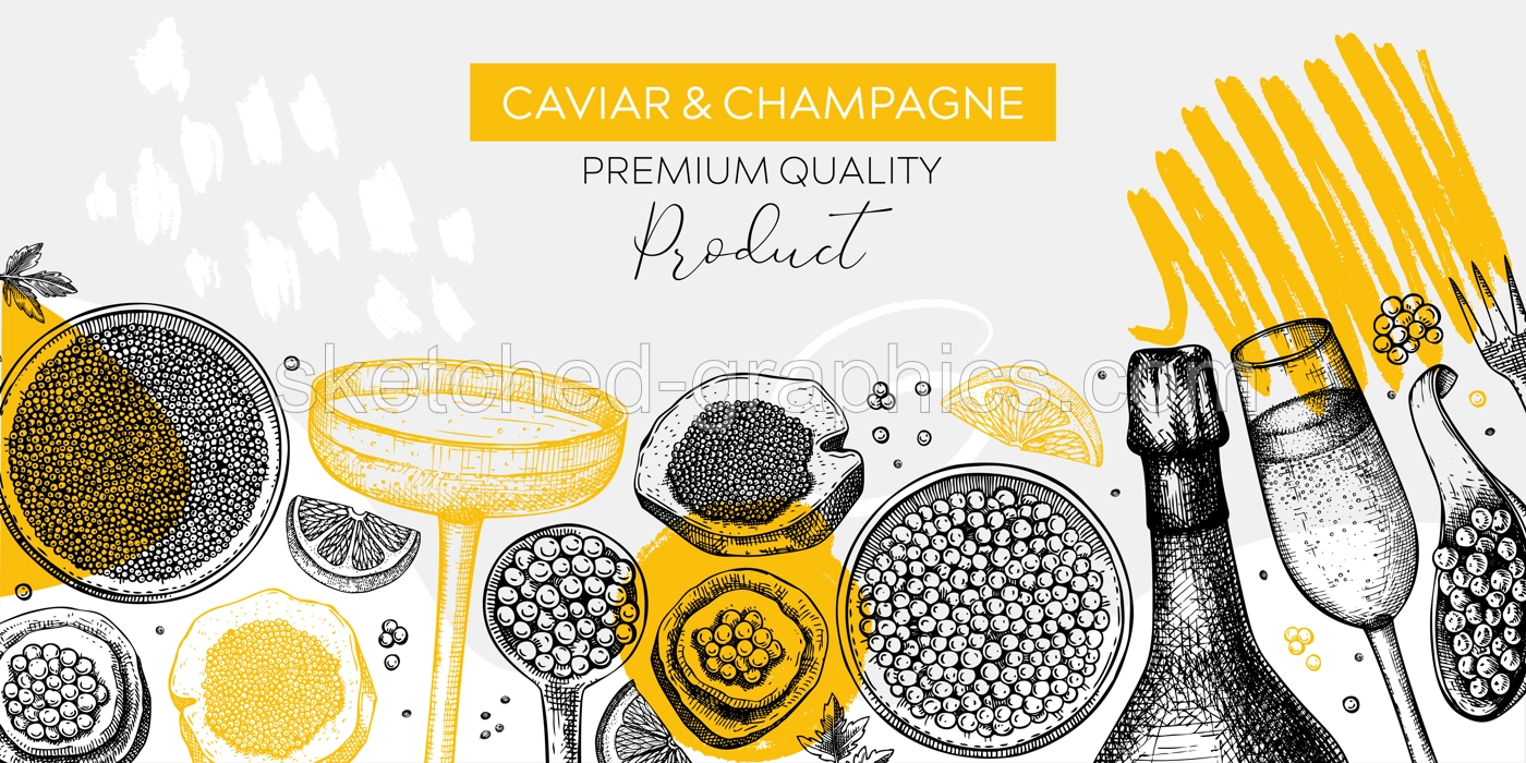 Caviar and champagne hand drawn illustrations collection. Hand drawn red caviar canape, canned black caviar, sparkling wine bottle, glasses sketches set. Seafood drawings isolated on white background Illustration
